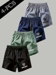 4 Pcs Men's Quick-Dry Cool Sports Shorts, Bull Logo Print, Zip Pocket, Elastic Drawstring, Sporty Outdoor Fitness Beachwear, Cool Sensation
