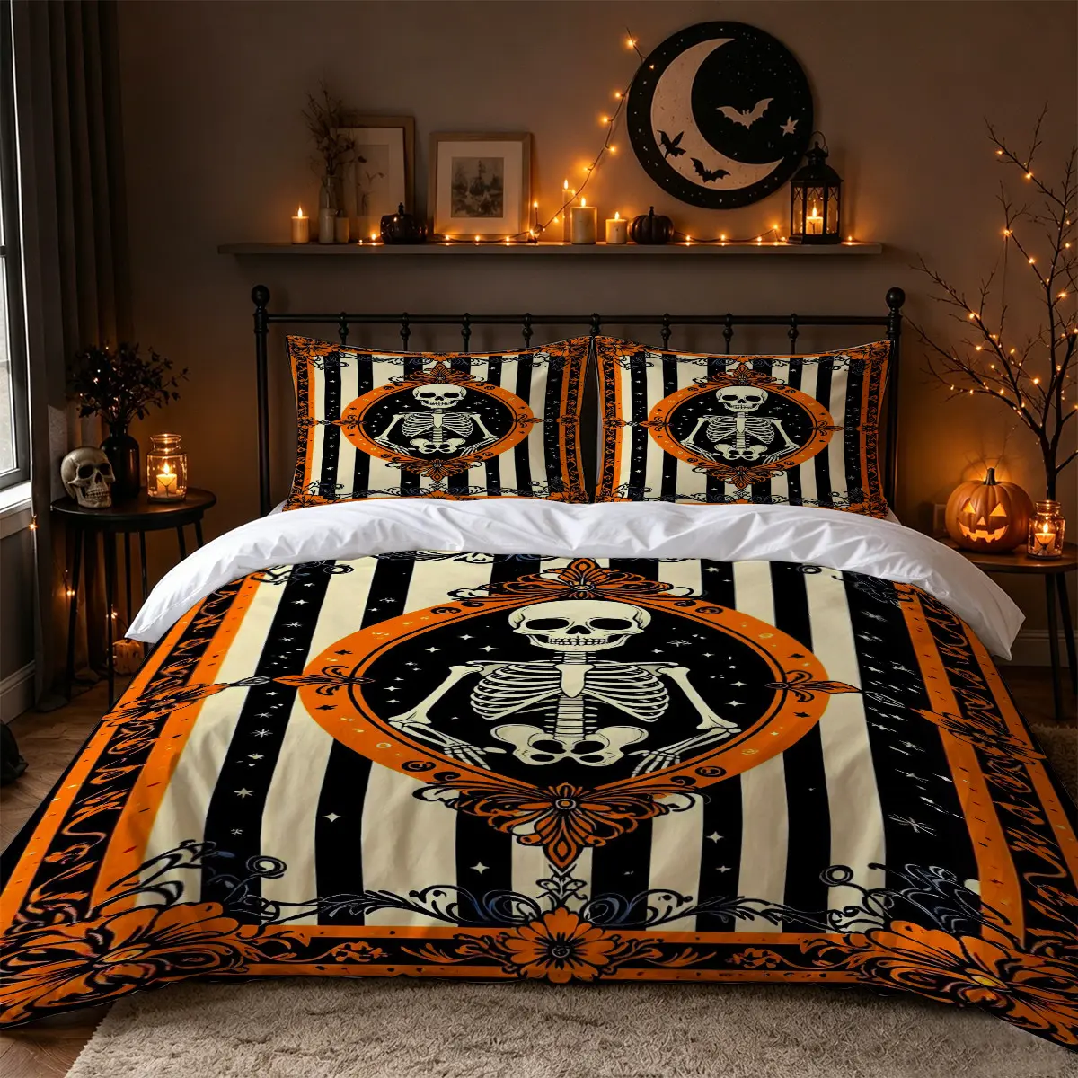 3Pcs Orange Black Skeleton Stripe Print Duvet Cover Set, Vintage Victorian Gothic Halloween Bedding with 1 Duvet Cover and 2 Pillowcases, No Comforter, Spooky Bedroom Decor for Adults, Apartments, Dorms and Guest Rooms