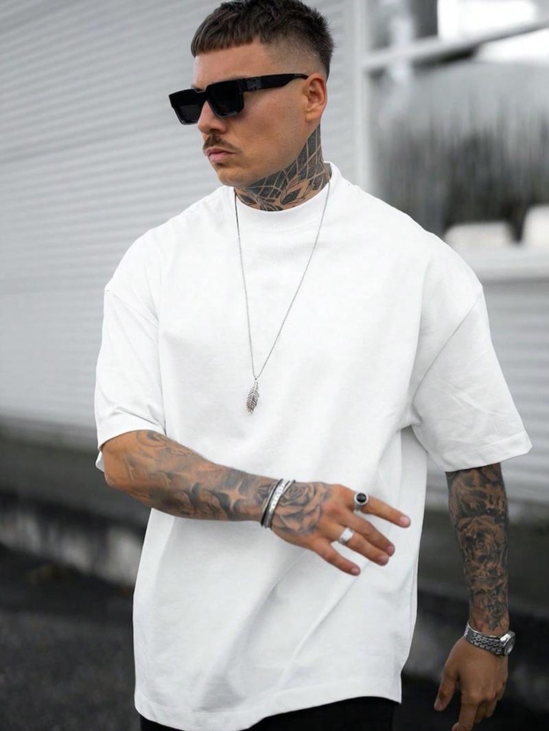 Men's Regular Fit Solid Drop Shoulder Half Sleeve Tee, Casual Comfy Round Neck T-shirt for Summer, Fashion Men's Top for Daily Wear