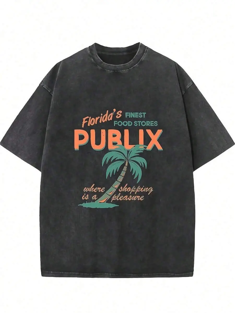 Florida Publix Graphic Tee, Streetwear Men's Black Washed Short Sleeve T-Shirt, Fashion Summer