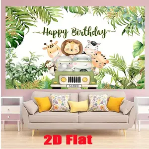 2D Flat Jungle Animals Birthday Banner, Giraffe Monkey and Elephant Party Backdrop, Single-Sided Polyester Fabric, Metal Grommets for Easy Hanging, Kids Birthday Decoration