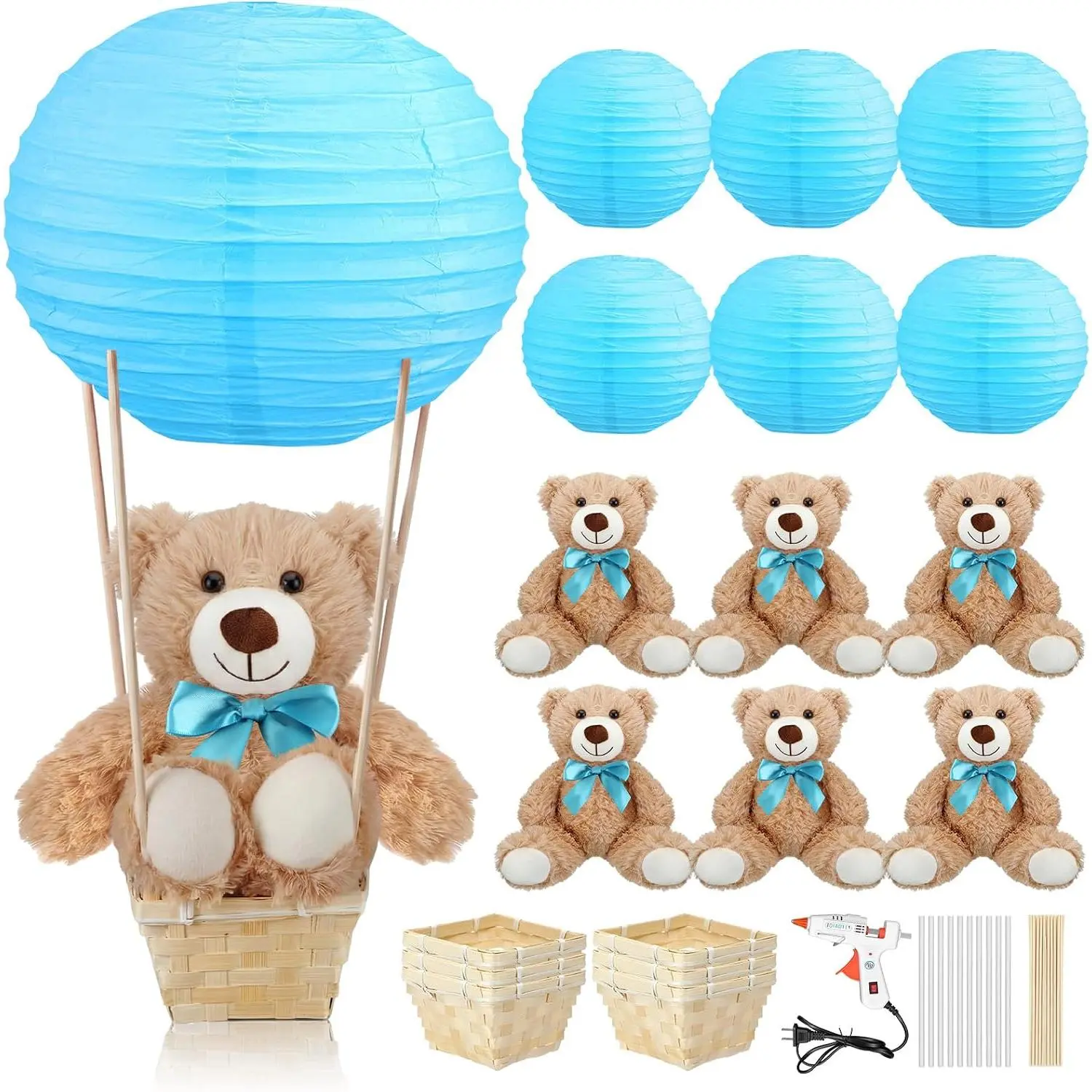 6 Sets Large Hot Air Balloon Decorations with 13.7 Inch Plush Bears Baby Shower Table Centerpieces with Paper Lantern Basket Stick Glue Gun for Gender Reveal Wedding Birthday(Blue)