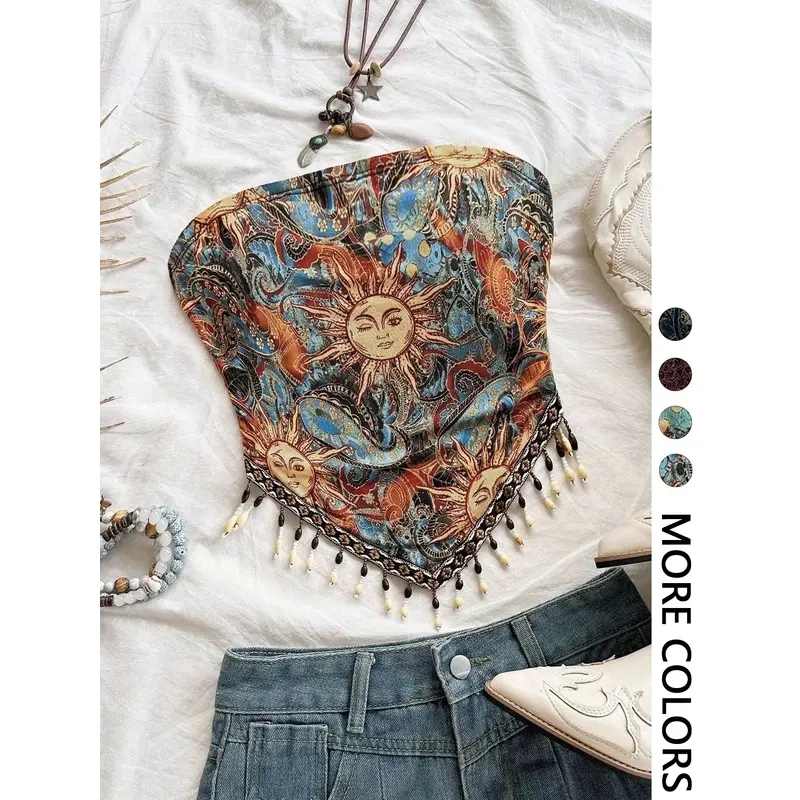 Women's Vacation Knit Print Patchwork Beaded Halter Top, Beaded tank top, Halter Neck, Handkerchief Hem, Beaded Tassel Trim, Double Layer Lining, Breathable Fabric, Vacation Festival Daily Casual Womenswear, Boho Style, Casual Boho Sleeveless