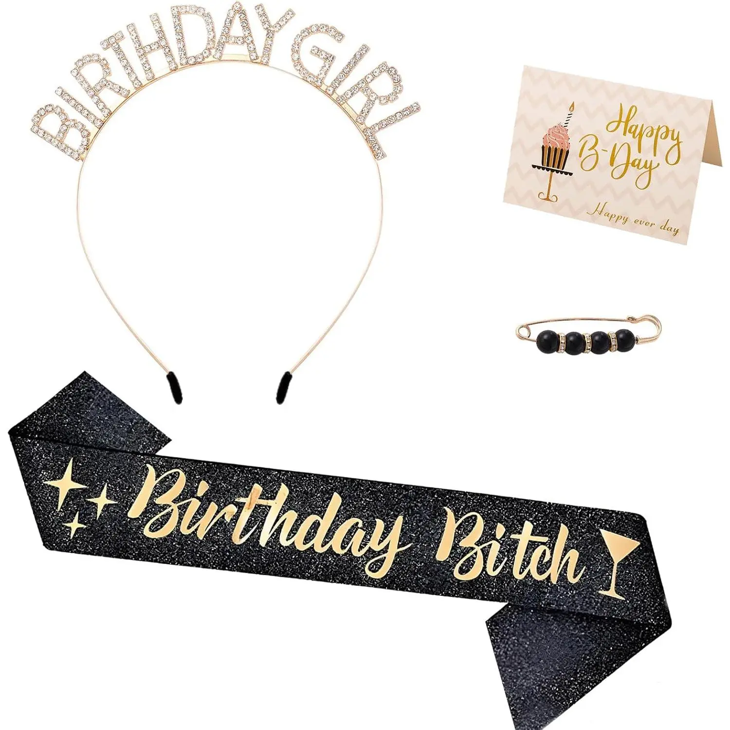 Birthday Sash,Happy Birthday Decorations for Women Black  Sash &  Rhinestone Crown Headband &  Pin & Card for 18th 21st 30th or Any Other Party