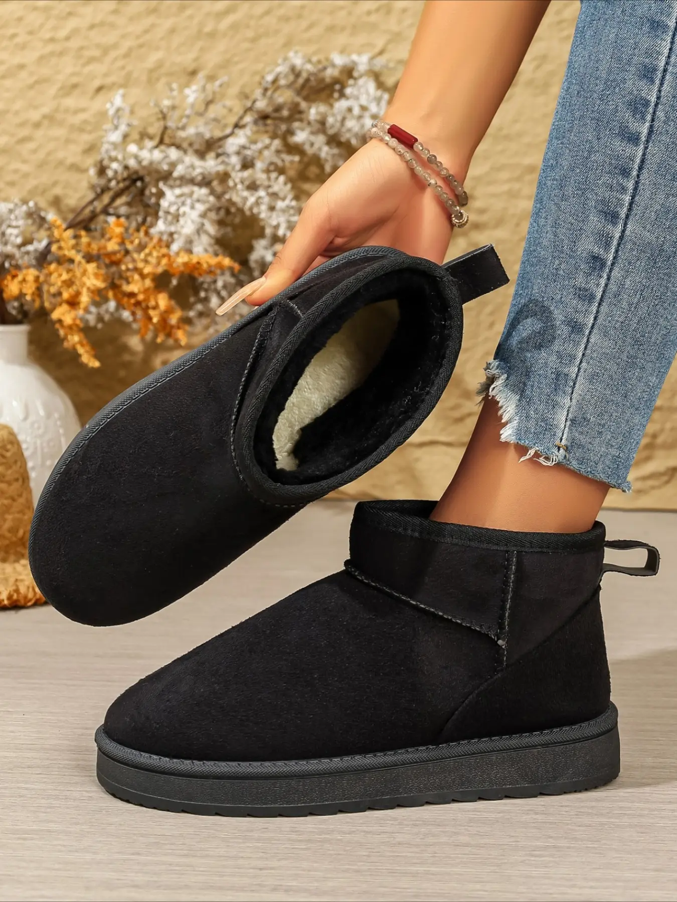 Simple slip-on ankle snow boots fully lined lamb fur flat anti-slip sole pull tab versatile winter women shoes in multiple colors
