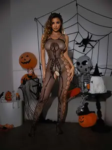 Women Sleeveless Skeleton Skull Print Fishnet Bodystocking, Fishnet Fabric Bodysuit, Side Hollow Cutout Crotch Sheer Mesh Halloween Lingerie, Full Body Stocking for Halloween Cosplay Rave Party Club Night Boudoir Shoot Date Night Gift