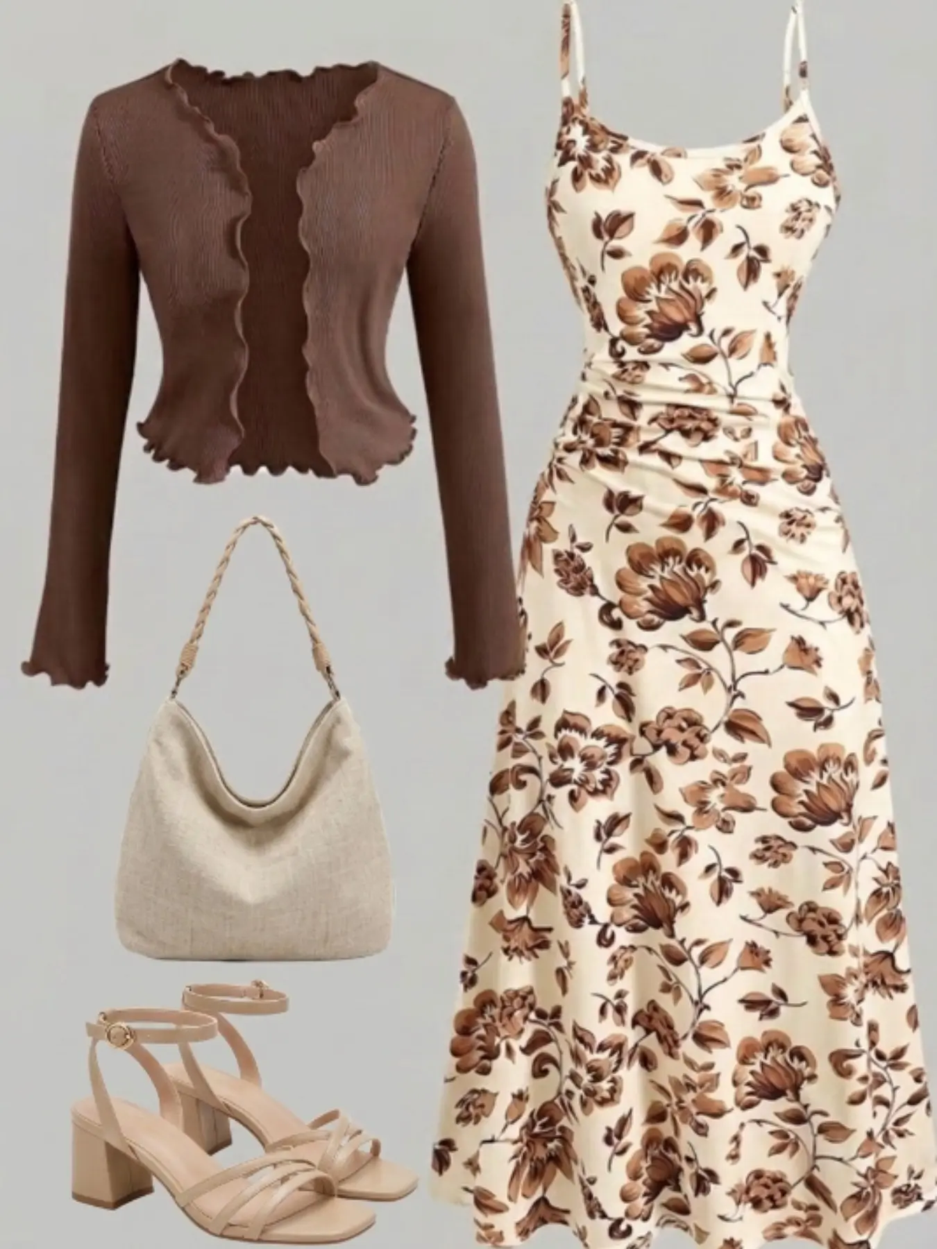 Elegant Women's Knit Cardigan + Slim Fit Floral Camisole Dress Two-Piece Set, Stylish for Daily Wear, Comfortable and Chic Fashion Ensemble