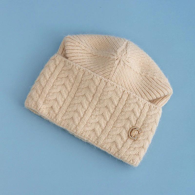 New Style Simple Chic Winter Hat G Letter Decor Rabbit Fur Beanie Elegant Winter Hats For Women Candy Colors Warm Knit Hats
