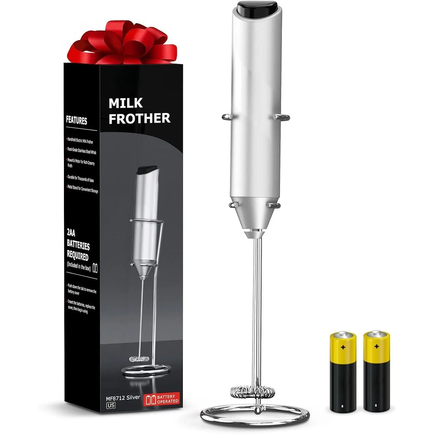 Milk Frother with Stand for Coffee,  Handheld Drink Mixer with Stainless Steel Whisk,  Operated Hand Frother Stirrer Wand-