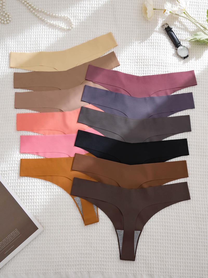 Women's 12pcs Solid Color Seamless Thong, Soft Comfy Breathable Drop Waist Panty for Daily Wear, Underwear for All Seasons