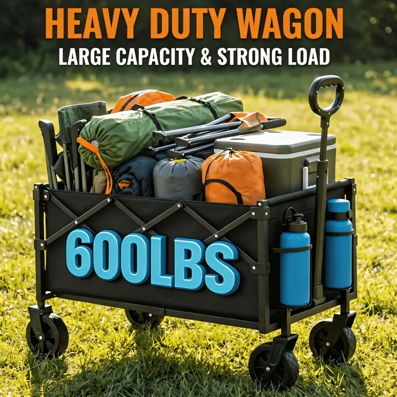 Heavy-Duty Foldable Outdoor Utility Beach Wagon (Available in 600/500/400/200 lb Capacities) with 4 All-Terrain Wheels – Portable Collapsible Cart for Camping, Gardening, Grocery Shopping, Picnics, and Sports