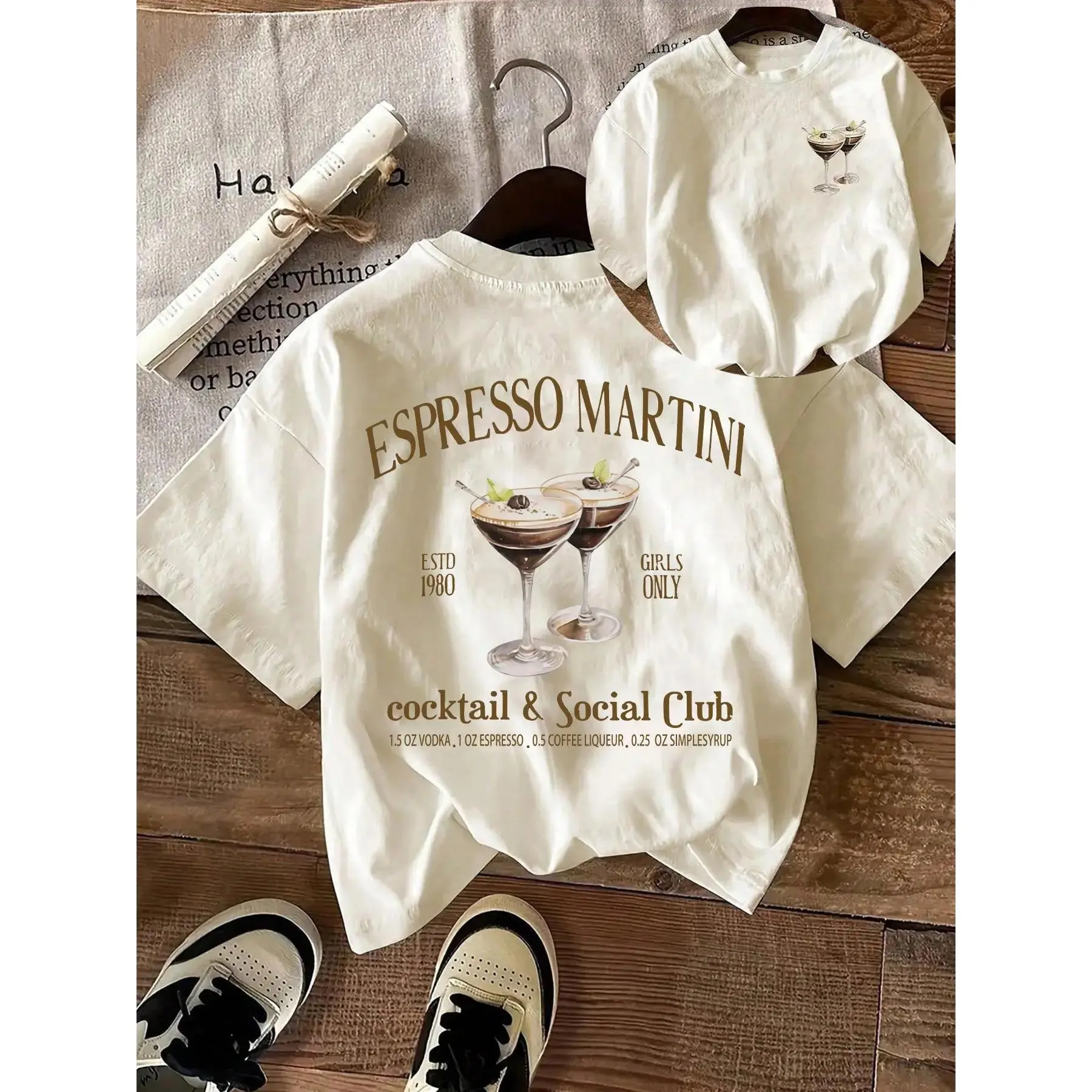 Women's Espresso Martini Graphic Print Round Neck Short-Sleeve Pull-On Sports Top, Multi-Size Including 3XL, Casual Daily Wear Fall Ladies Sleepwear, Shortsleeve