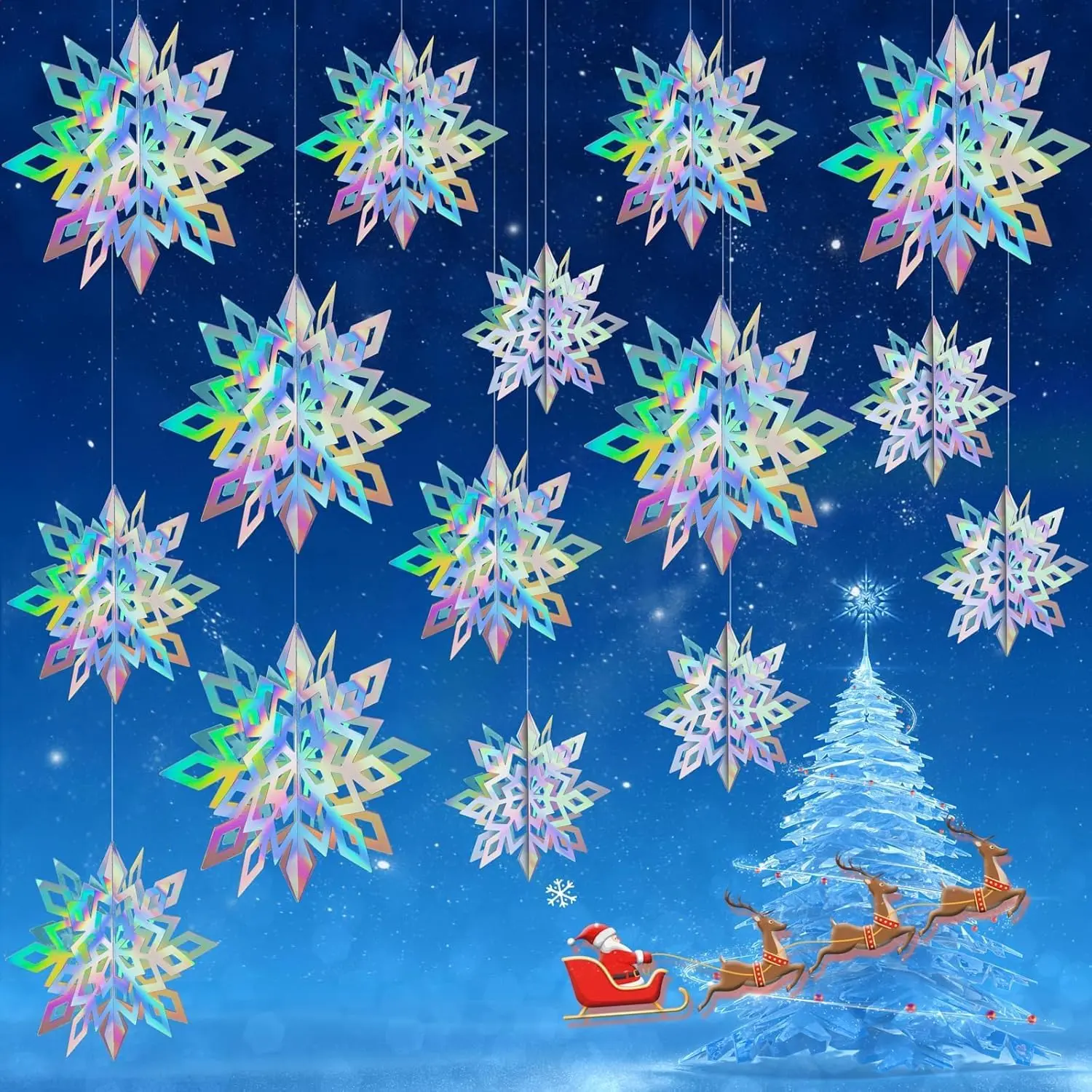 18 count Christmas  Holographic Snowflake Ornamnets  Paper Snowflakes Garland Sparkly 3 Size for Winter Wonderland Holiday  Year Party Decoration