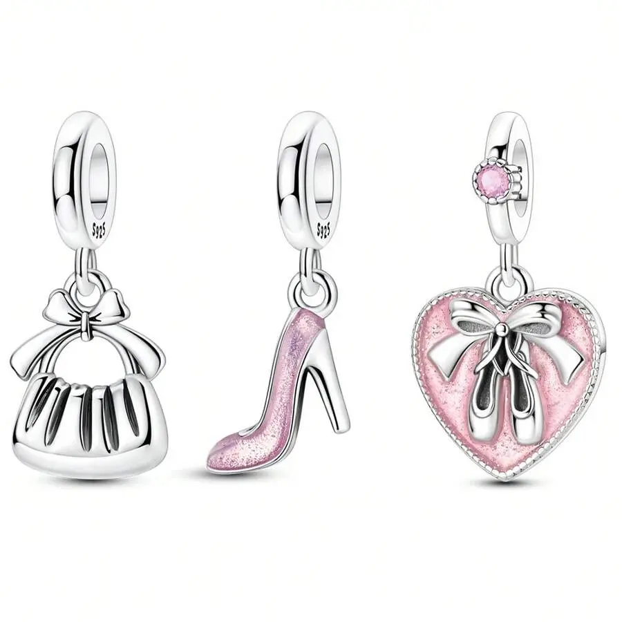 1 Pc Silver Plated Pink High Heel Handbag Ballet Charms, Bracelet Beads For Women Silver Jewelry, Summer Accessories, Birthday Gift