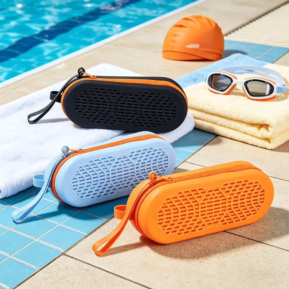 Multi-Functional Swimming Storage Bag, protective hard shell organizer with breathable drainage design for swimming goggles, swim caps and accessories, portable swim gear storage for pools, gyms and everyday carry