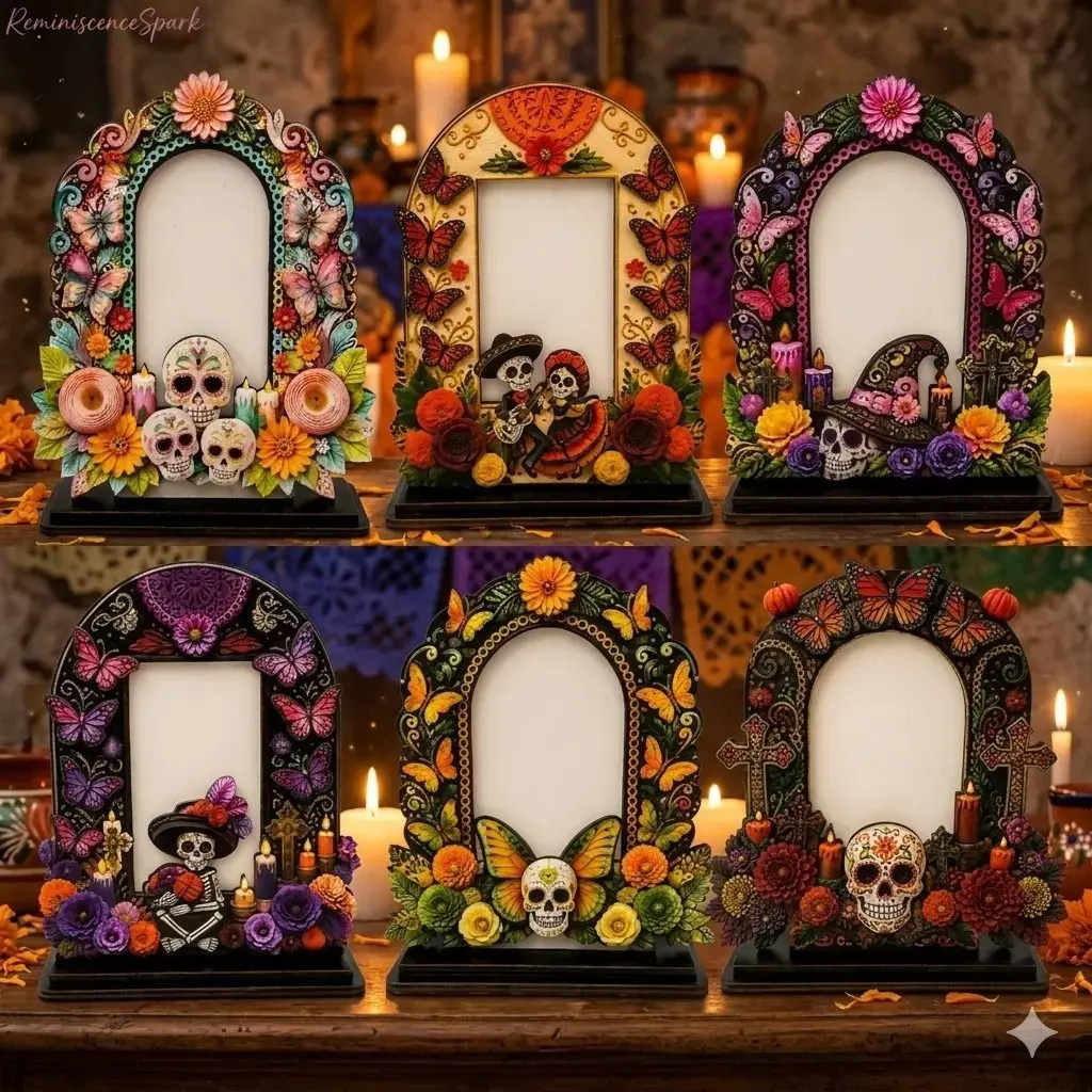 Día de los Muertos Wooden Picture Frame, Day of the Dead Tabletop Decor, Mexican Ofrenda Altar Photo Holder with Assorted Designs, Memorial Photo Display for Home Altar, Party & Remembrance Decor Supplies