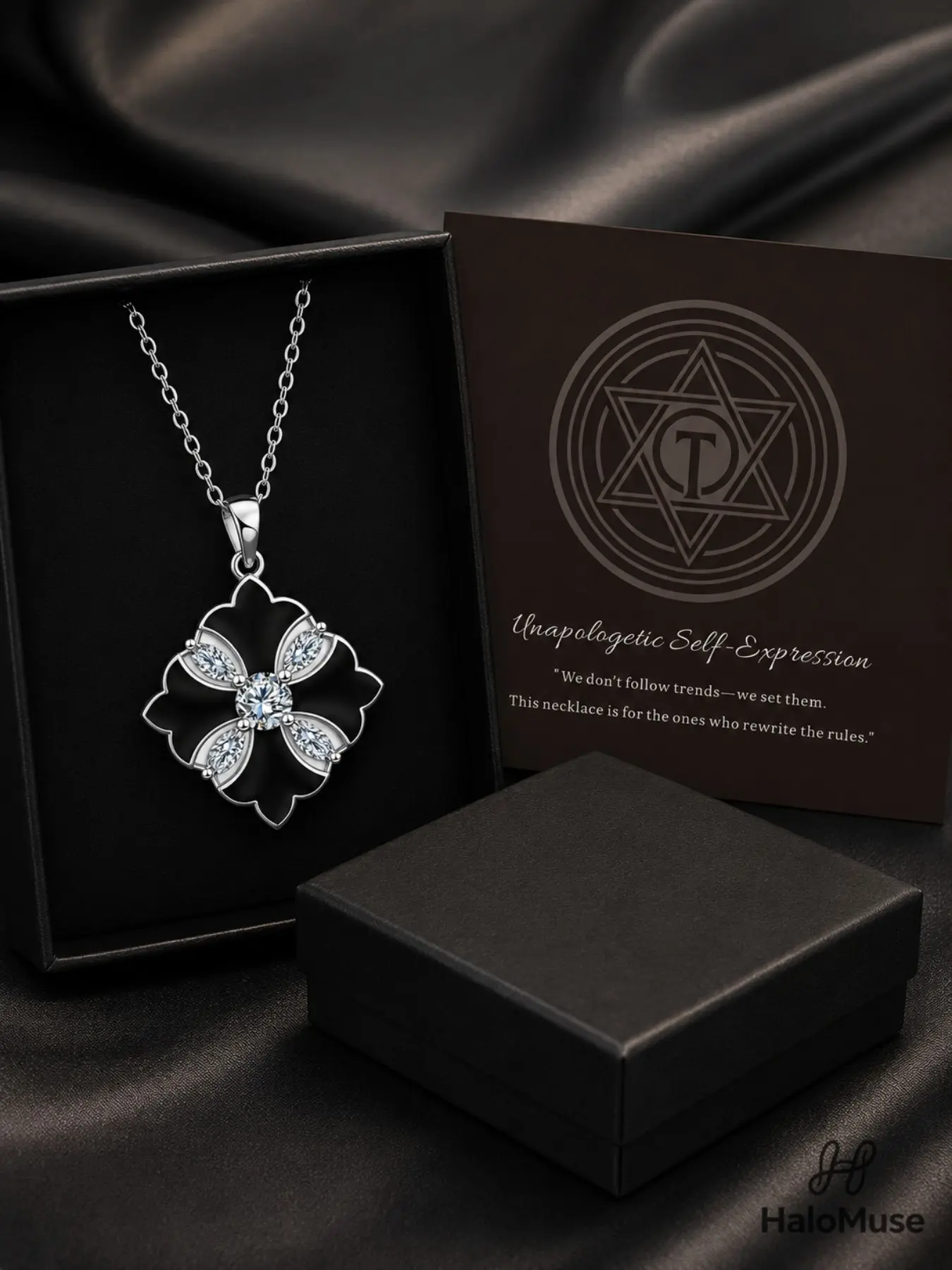 Halo Muse 1 Set Octagram Compass Heart Zircon Necklace Black Gift Box Set, Luxury Premium Feel, 4 Colors Birthstone Compass Pendant with Hexagram Card, Birthday Graduation Gift for Girlfriend, Daily Versatile Clavicle Chain