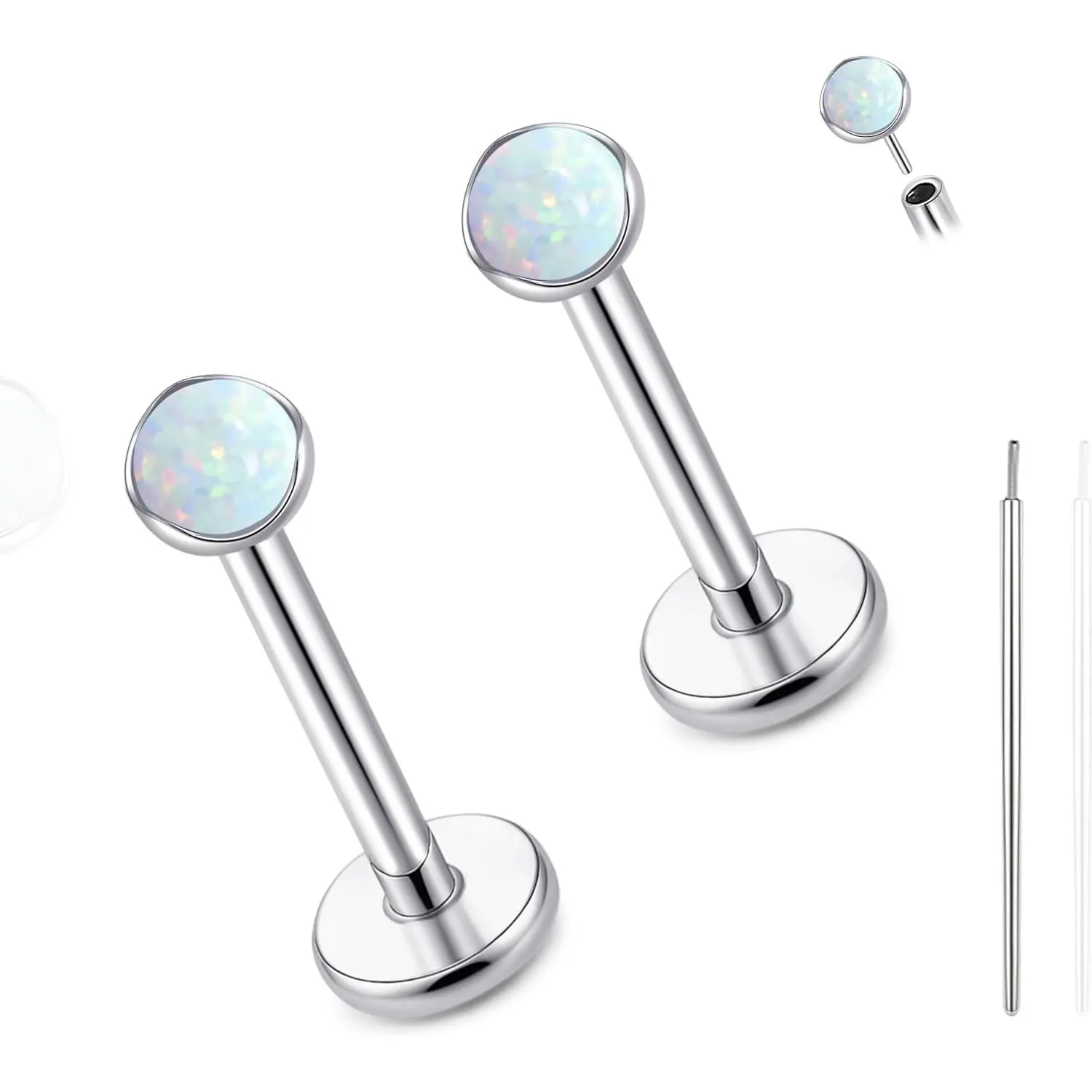 18G  Titanium Opal Threadless Nose Stud Earrings, 2 count Flat  Push in Stud Earrings Labret Medusa Monroe Helix Cartilage Tragus Conch   for Women Men
