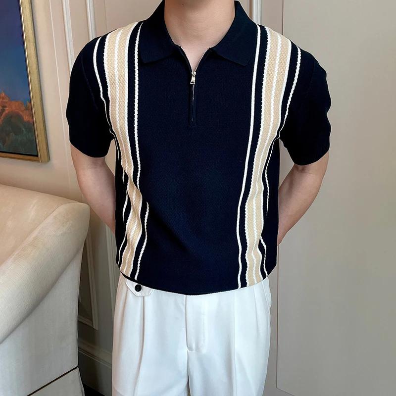 Kyn Apparel Luxury Knitted Polo Shirt Mens Striped Contrast Color Zip-up Polo Neck Tops Summer Vintage Slim Fit Short Sleeve Men Polo Shirts