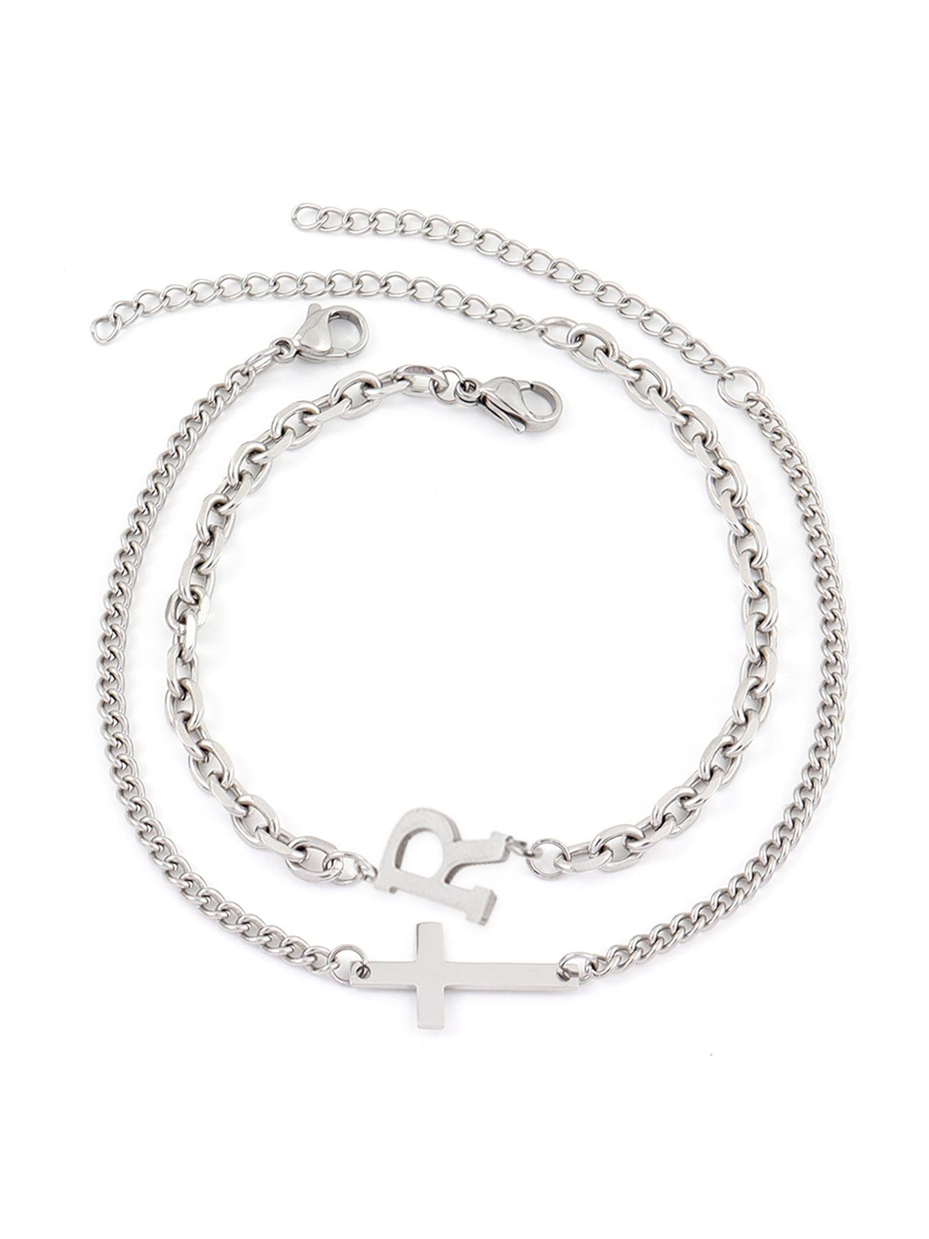 Men's Fashion Letter & Cross Design Bracelet, Casual Trendy Stainless Steel Chain Bracelet, Fashion Accessories for Daily Wear