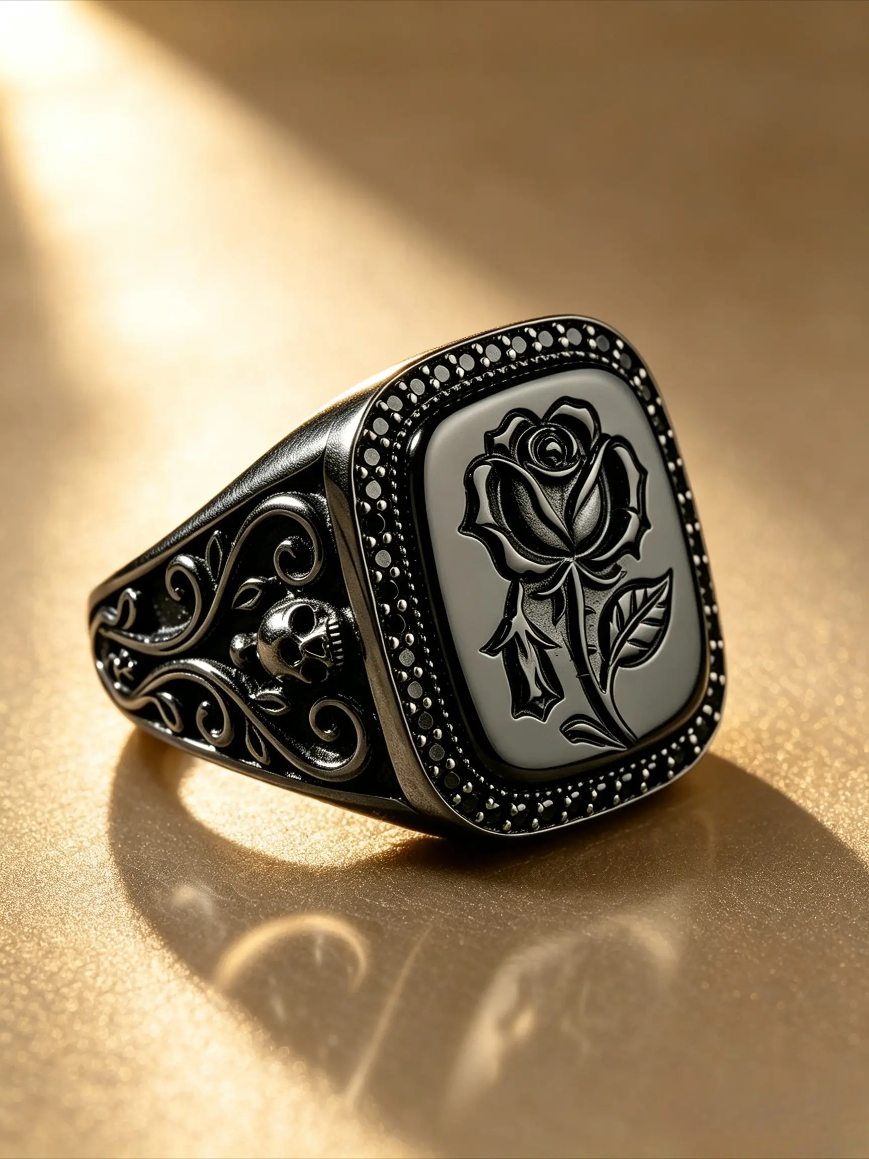 Men Black Signet Ring Gothic Embossed Rose Skull Pattern Wide Band Tiny Zircon Border Vintage Punk Stainless Steel Anti Allergy Jewelry Gift For Biker Rock Lover Chunky Band Rings