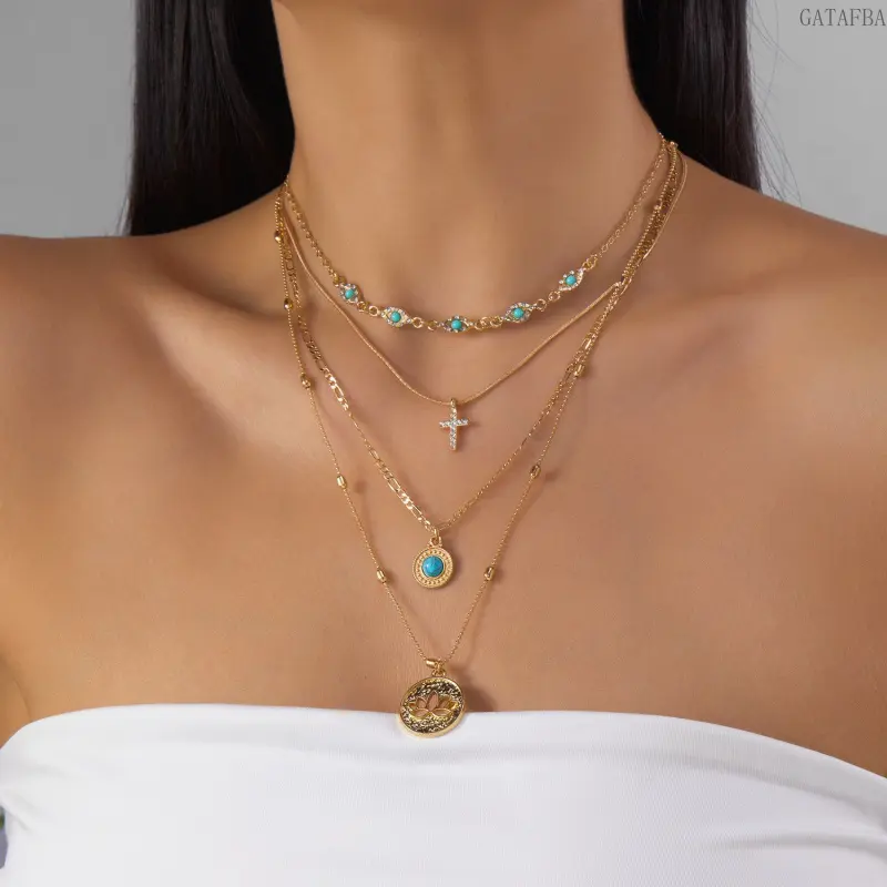 Bohemian Multi Layer Stacked Turquoise Necklace Retro Cross Lotus Pendant Dainty Choker Jewelry For Women Daily Beach Holiday Outfit