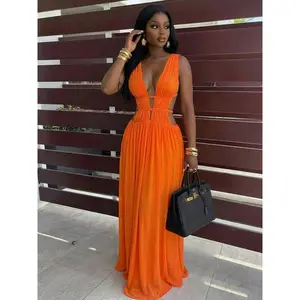Summer Vacation Mesh Dress, Elegant Slim-Fitting Sleeveless Halter Neck, Beachwear, Hollow Out Ruched Long Dress, Spring, Casual Wear, Women, Womenswear, Beachy Style Dress