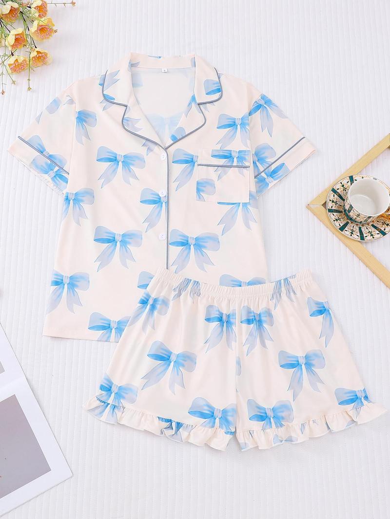 Women's All Over Bow Print Shortsleeve Lapel Shirt & Bow Decor Elastic Waist Shorts Pajama Two-piece Set, Casual Comfy Button Front Pocket Top & Ruffle Hem Shorts Set, Ladies Summer Sleepwear, Loungewear, Lounge Clothes, Cozy Lounge Set