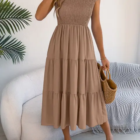 Women's Casual Mock Neck Midi Dress, Elegant Solid Color Ruffle Flutter Sleeve, Smocked A-Line Dress for Spring & Summer, Style