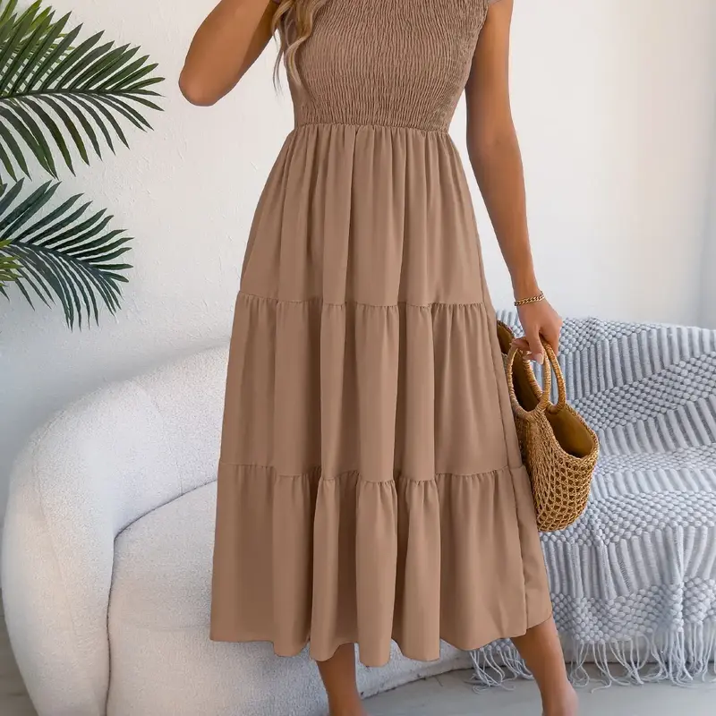 Women's Casual Mock Neck Midi Dress, Elegant Solid Color Ruffle Flutter Sleeve, Smocked A-Line Dress for Spring & Summer, Style