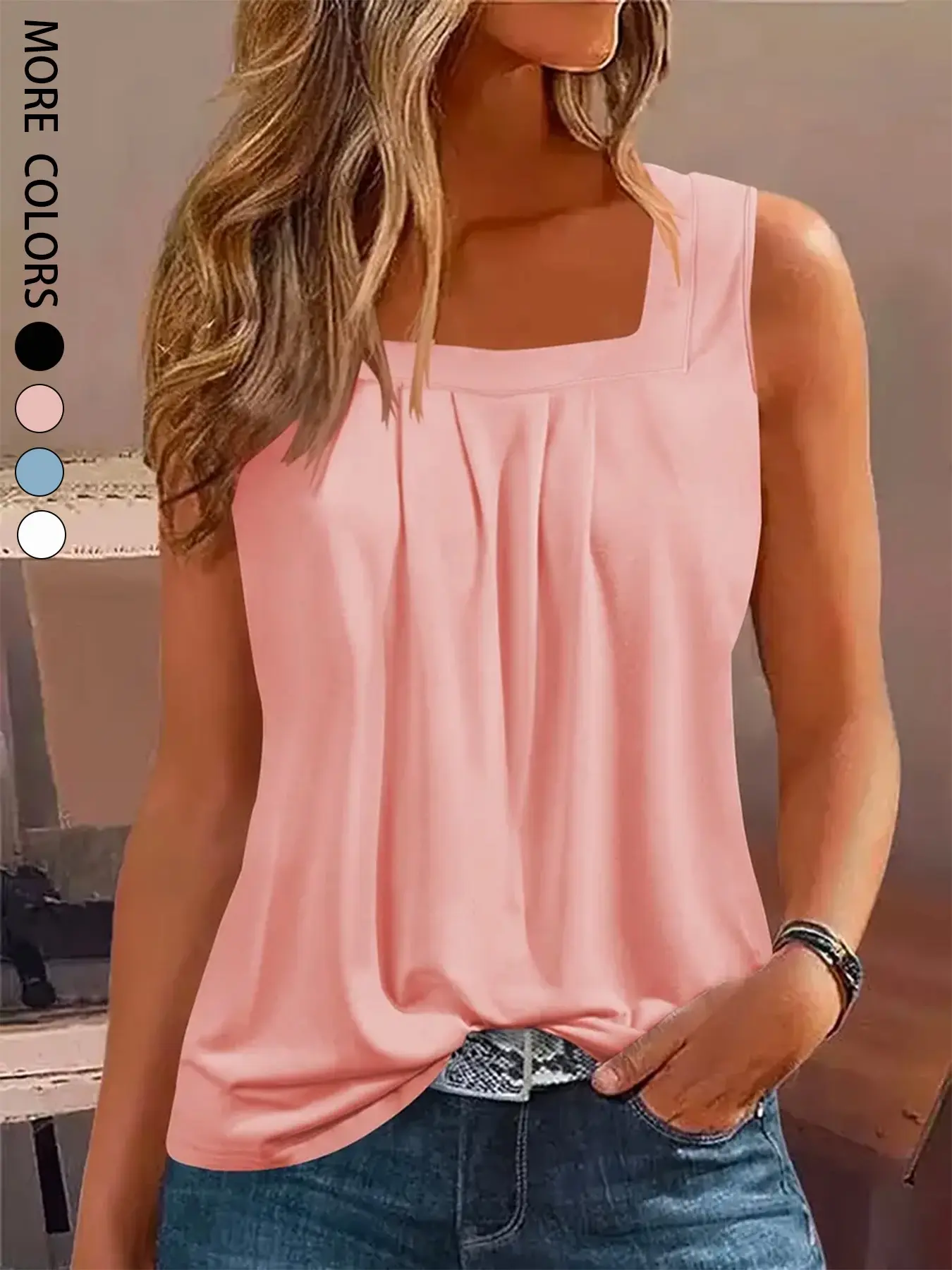 Women's Casual Square Neck Top, Versatile Pleated Vest, Stylish and Comfortable, Perfect for Everyday Wear, Ideal for Layering, Casual Sleeveless Top