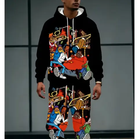 Men's Hoodie and Pants Set, Plus Size, Vintage Hip-Hop Print, Spring Summer, Streetwear, Hiking, Family Party, Gift, Comfortable Soft, Hooded Sweatshirt Set