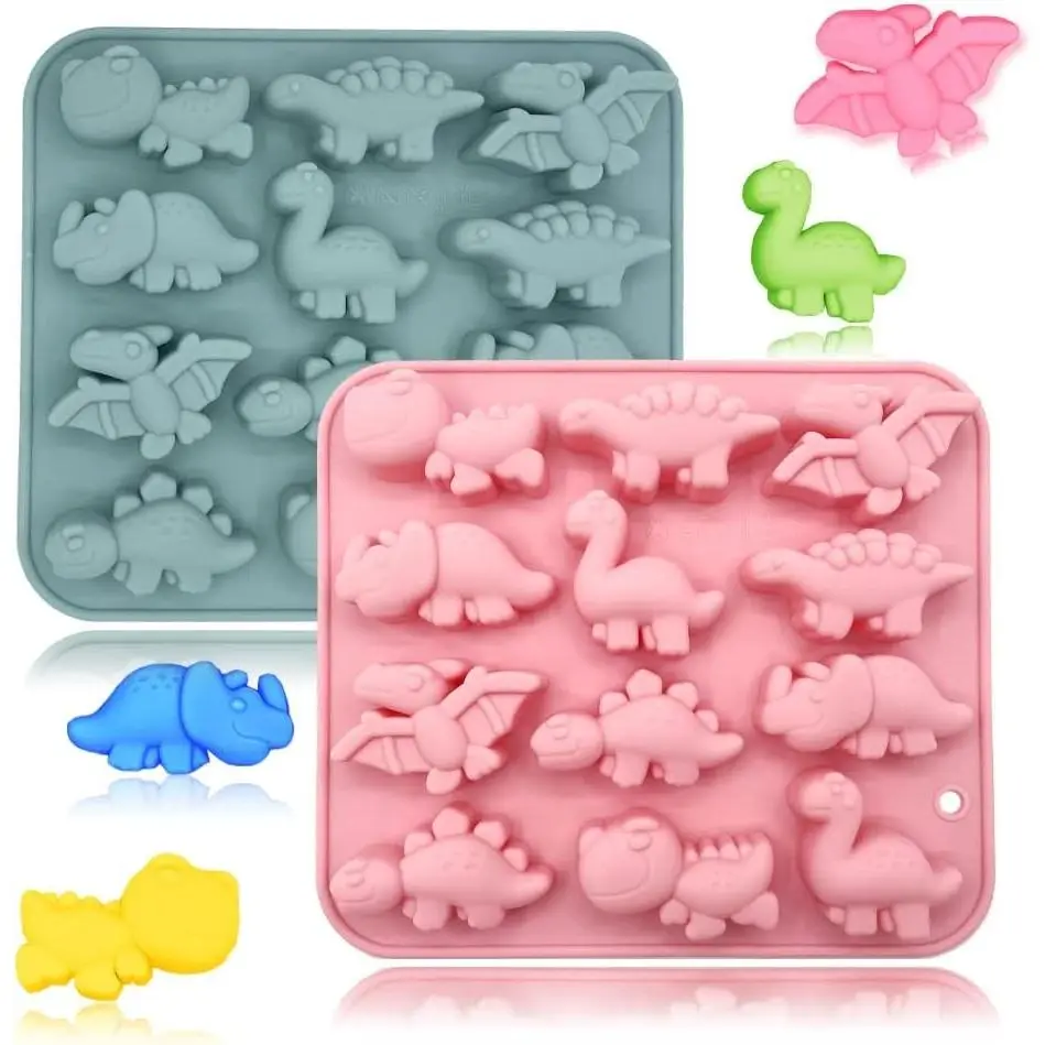2 Pack 3D Cute Dinosaur Silicone Molds 12 Cavity Dinosaur Themed Baking Mould Tray DIY Baking Tool for Easter Chocolate Cake Dessert Candy Mousse Pastry Handmade Soap Cupcake Topper