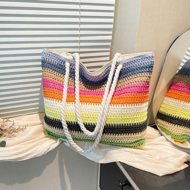 2026 New Women Fashion Shoulder Bag Rainbow Striped Color Block Straw Bag Large Capacity Beach Bag for Vacation