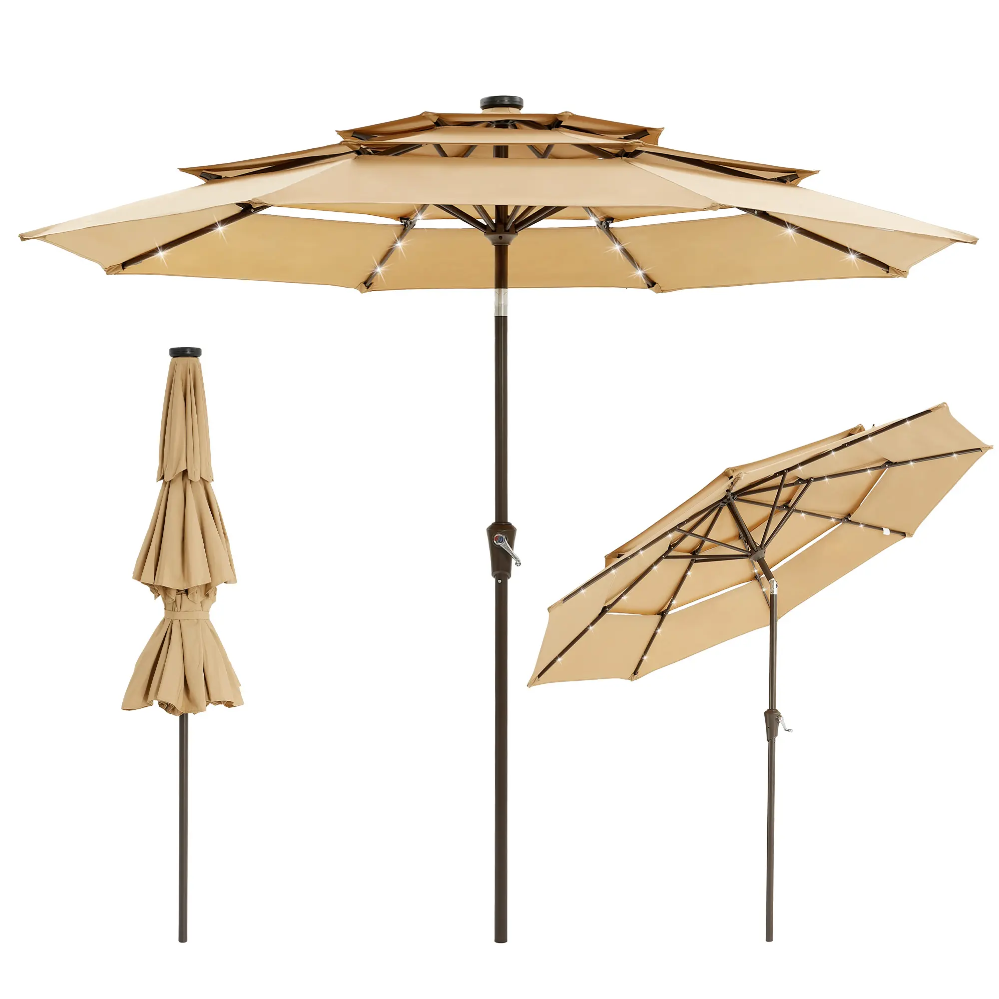 Solar LED Patio Umbrella, 9 ft 3-Tier Vented Canopy with 24 LED Lights – Waterproof, UV-Resistant, Tilt & Crank – Turquoise Blue / Blue / Khaki