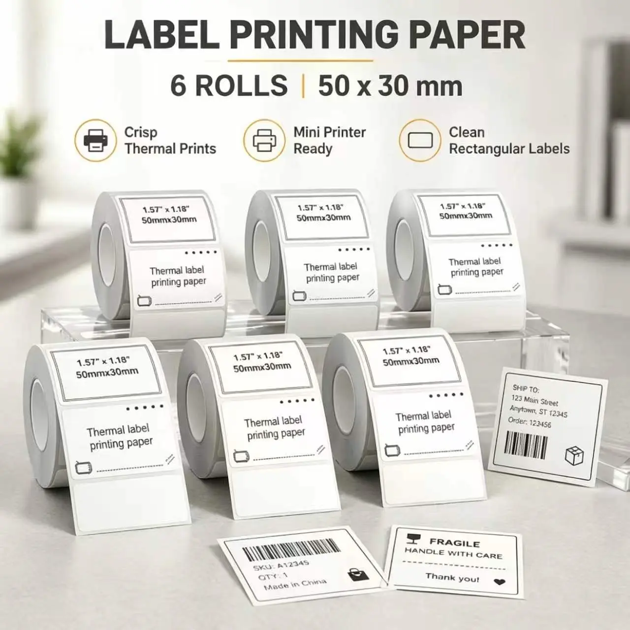 50x30mm (1.97"x1.18") Clean Rectangular Print Labels Refill Roll, Pack of 6 or 12, Compatible with Most Thermal Label Printers (Not Niimbot), for Office & Small Business Use (White)