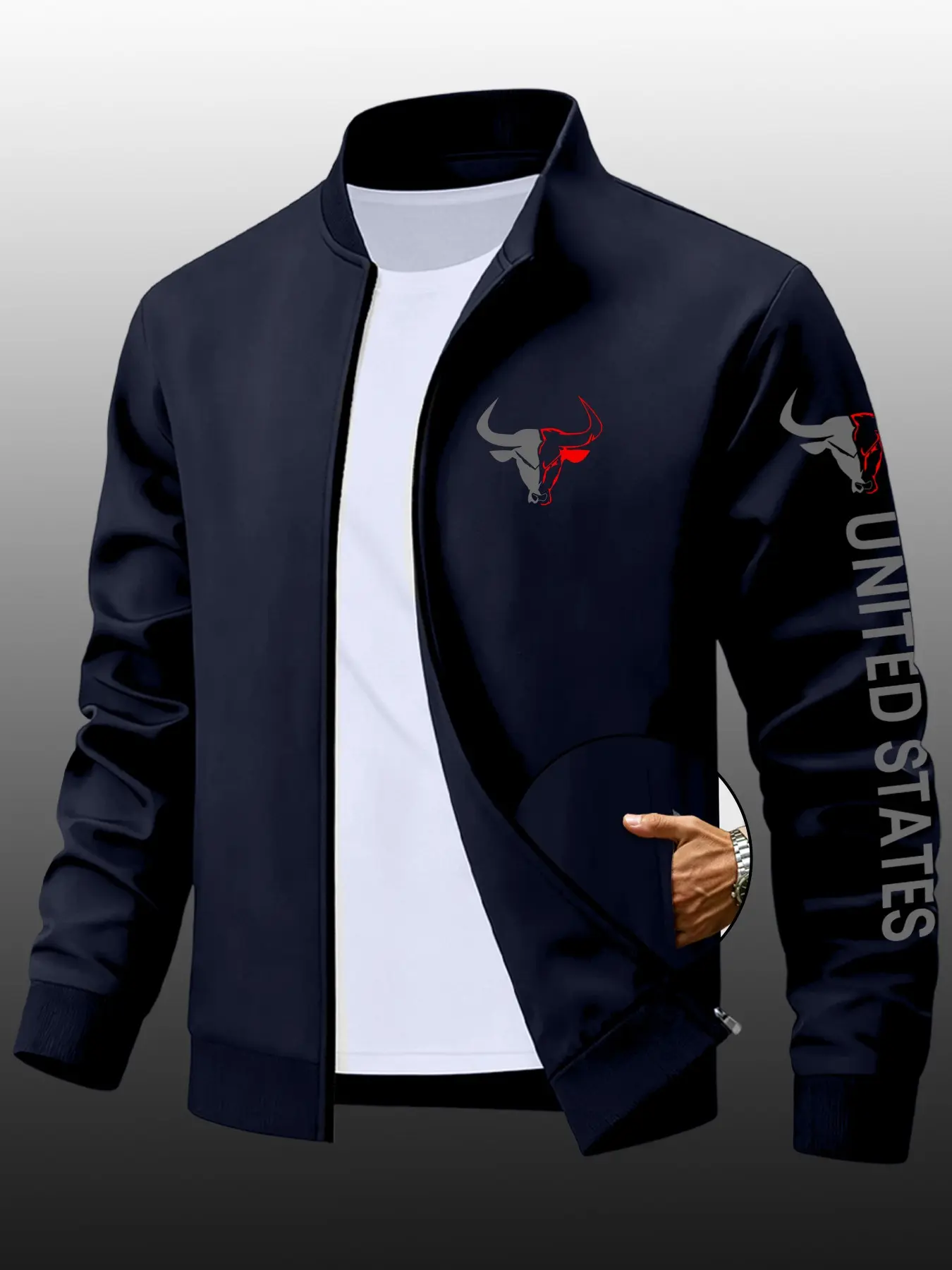Men's Dual-Color Bull Print Lapel Sport Jacket, Fitted Design, Lightweight Windproof, Spring & Fall Outerwear, Casual Style