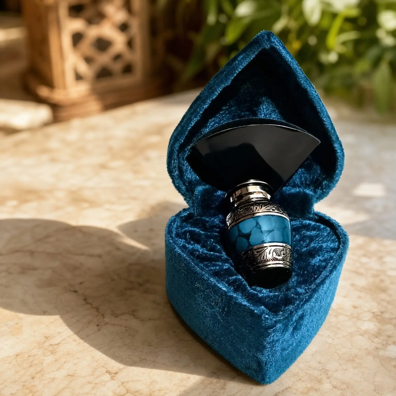 Small Keepsake Cremation Urn for Human Ashes with Velvet Heart Case and Funnel - Hand Engraved Dark Blue Brass Mini Memorial Urn, Peaceful & BeautifulGift
