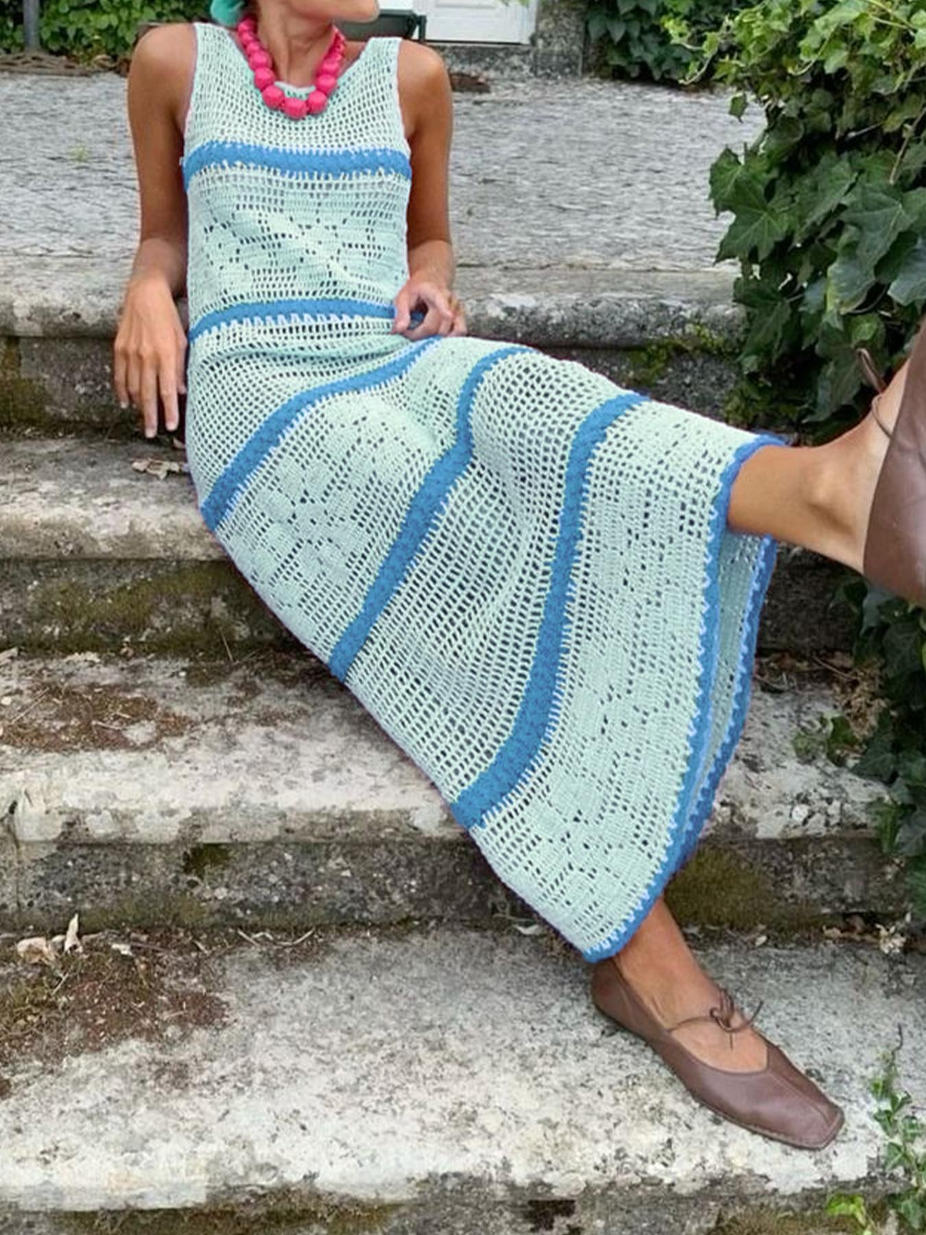 Women's Colorblock Crochet Sweater Dress, Casual Sleeveless Fitted Knitwear for Summer, Fashion Women's Clothing for Daily Wear, Womenswear, Piece