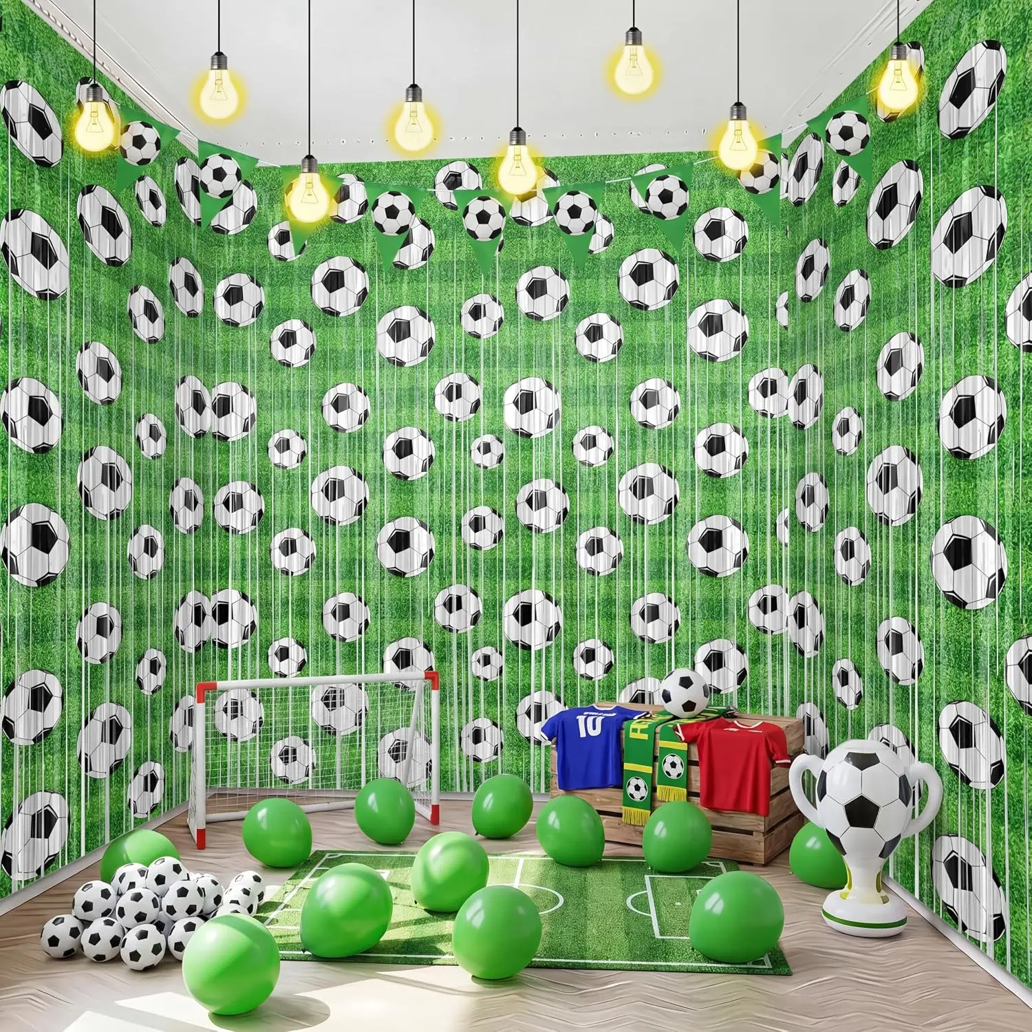 4 Pack Soccer Party Backdrop Decoration 3.3x6.6 ft Soccer Theme Foil Fringe Curtains Banner Photography Background for  Day Birthday Party Worlds Supplies Decoration