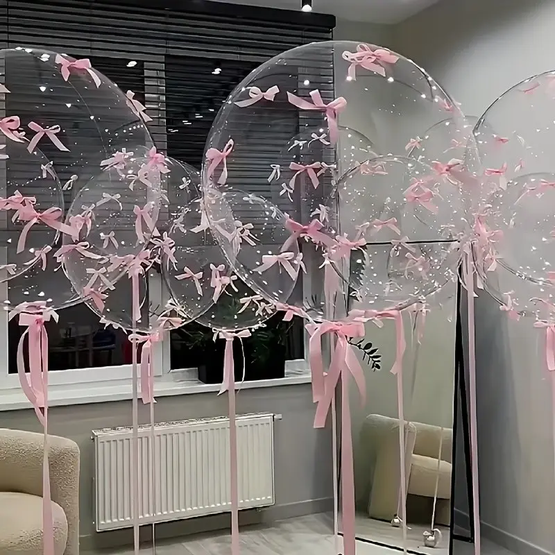 1 set of transparent inflatable balloons with pink bow ribbon -12 inch round Party Balloons Decorations suitable for weddings, baby parties, and Christmas parties - transparent pink helium filled balloons