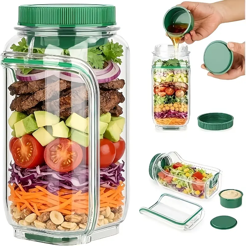 Mason Jar Salad Container with Side Opening & Dressing Cup Upgraded Locking Lids Leakproof Food Storage for Lunch Office Travel Reusable Salad Bowl