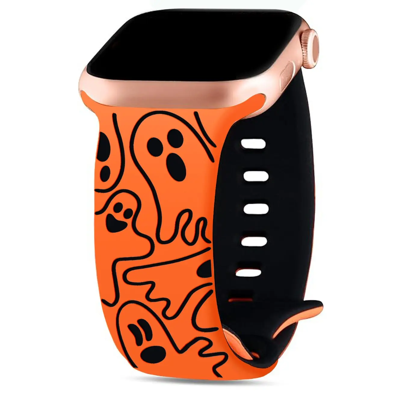 Cute Ghost 3D Laser-Engraved Watch Band, Fun Spooky Pattern Replacement Strap Compatible with Apple Watch Series 1–11, SE & Ultra, Soft Adjustable Wristband for Casual Daily Wear, Halloween-Inspired Smartwatch Accessory (Band Only)