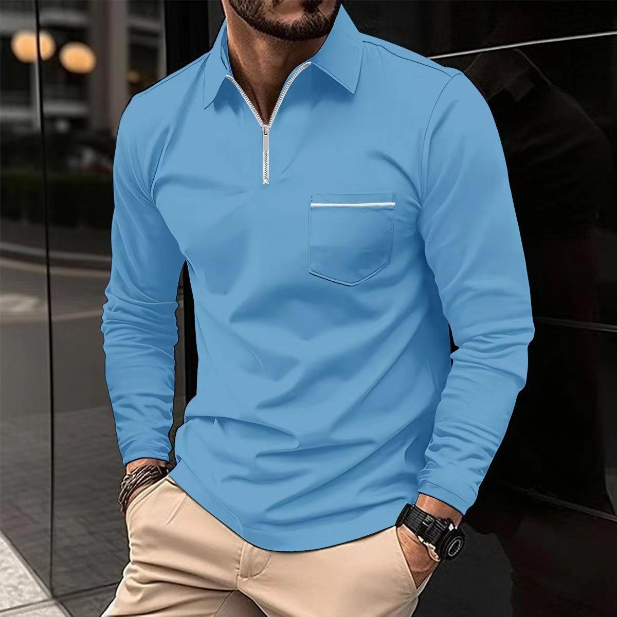 This men's solid color polo shirt with a zip-up collar and made of polyester-cotton blend is an ideal choice for casual wear in spring and summer.