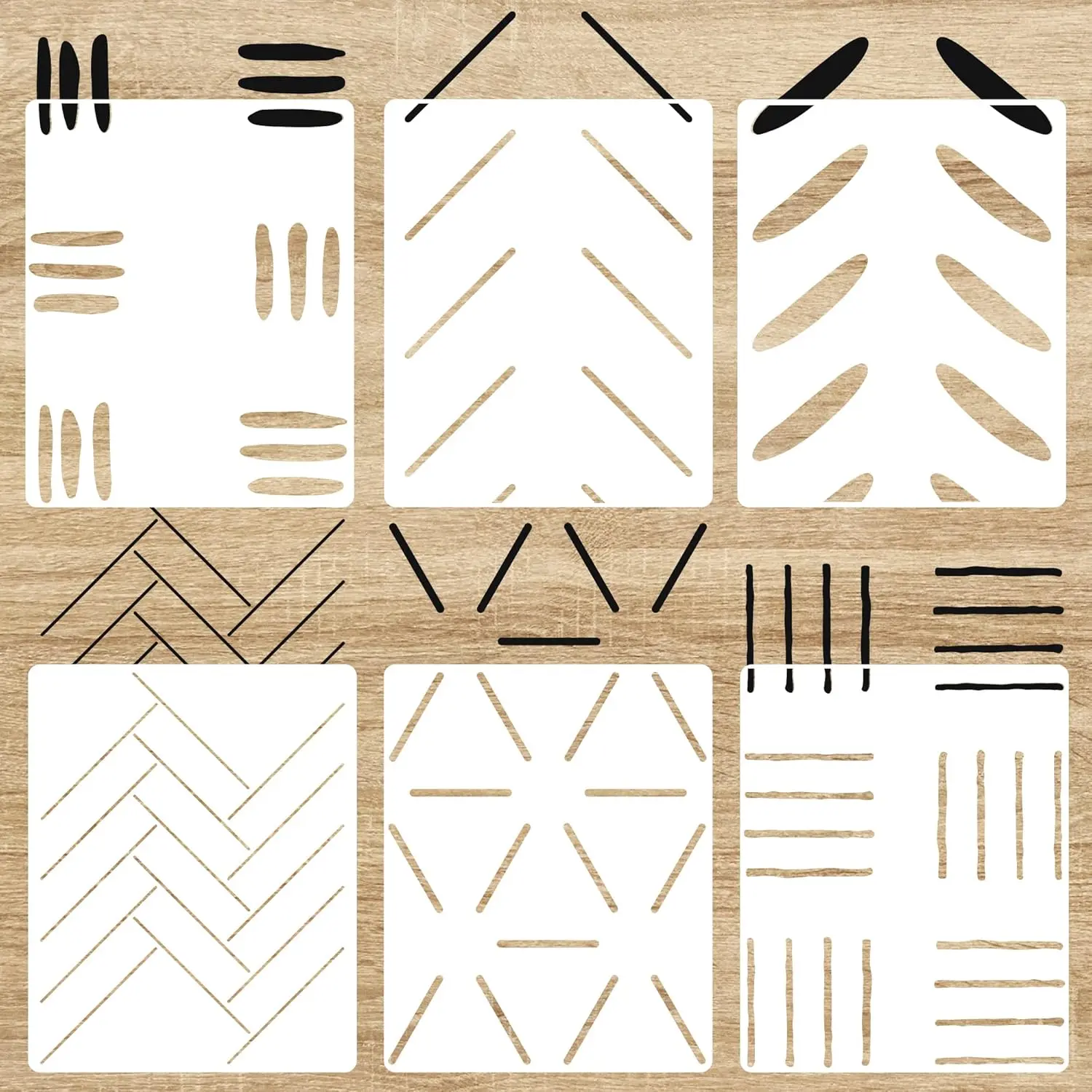 6 Pack 14'' Modern Herringbone Geometric Brick Hexagon Boho Lines Reusable Wall Stencils for Painting Large Wall Pattern, Decorative Template for Scandinavian Wall Décor