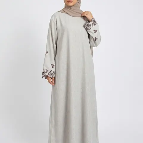 Elegant Embroidered Abaya Maxi Dress, Linen-Like Fabric, Pockets & Belt Included, Perfect for Special Occasions, Elegant Islamic Apparel, Women's Fashion Muslim Clothing