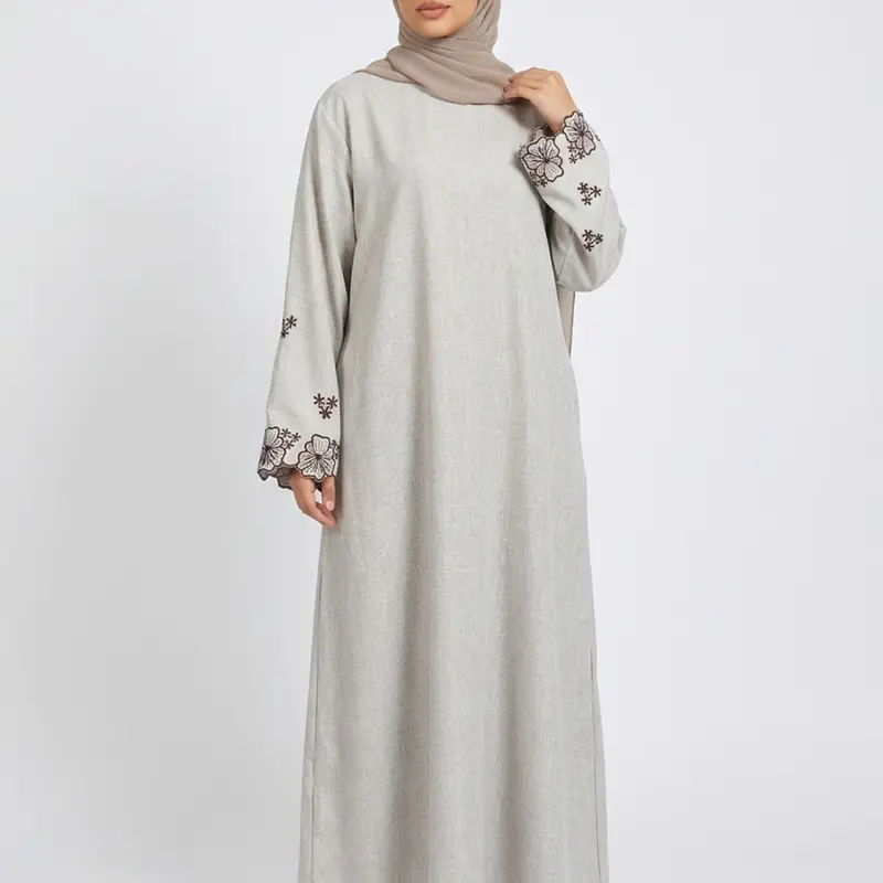 Elegant Embroidered Abaya Maxi Dress, Linen-Like Fabric, Pockets & Belt Included, Perfect for Special Occasions, Elegant Islamic Apparel, Women's Fashion Muslim Clothing