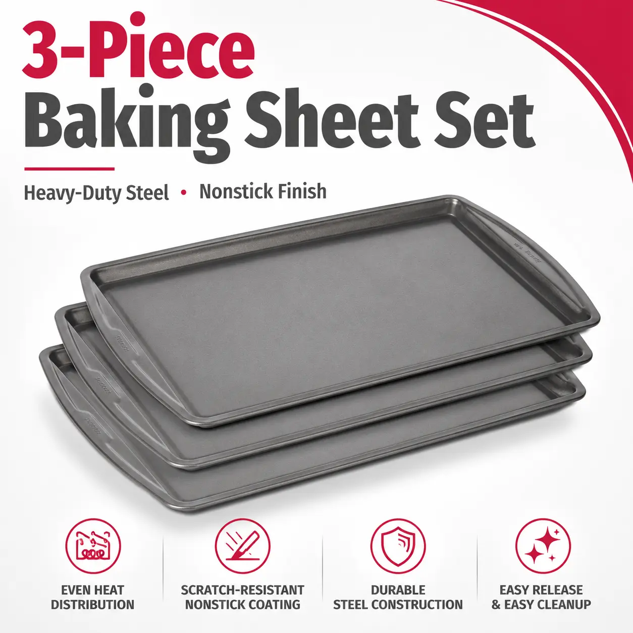 Everyday Baking Sheet Set Nonstick Carbon Steel Standard-Sized Cookie Sheets for Even Baking, Bakeware Set Includes 3 Pans with Scratch-Resistant Finish, 13x9-Inch, Gray