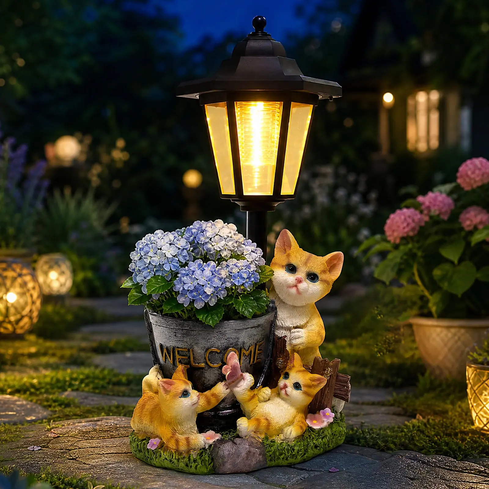 Set of 3 Solar Cat Planter Statues, Outdoor Garden Lights, Adorable Playing Cat Decor for Backyard Balcony