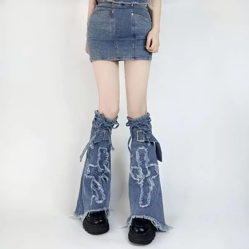 Women's 2026 New Vintage Cross-Washed Denim Strappy Flared Leg Warmers - Breathable Loose Fit Sports & Outdoor Protective Gear, Retro Fashion Outfits, Halloween Party Wear